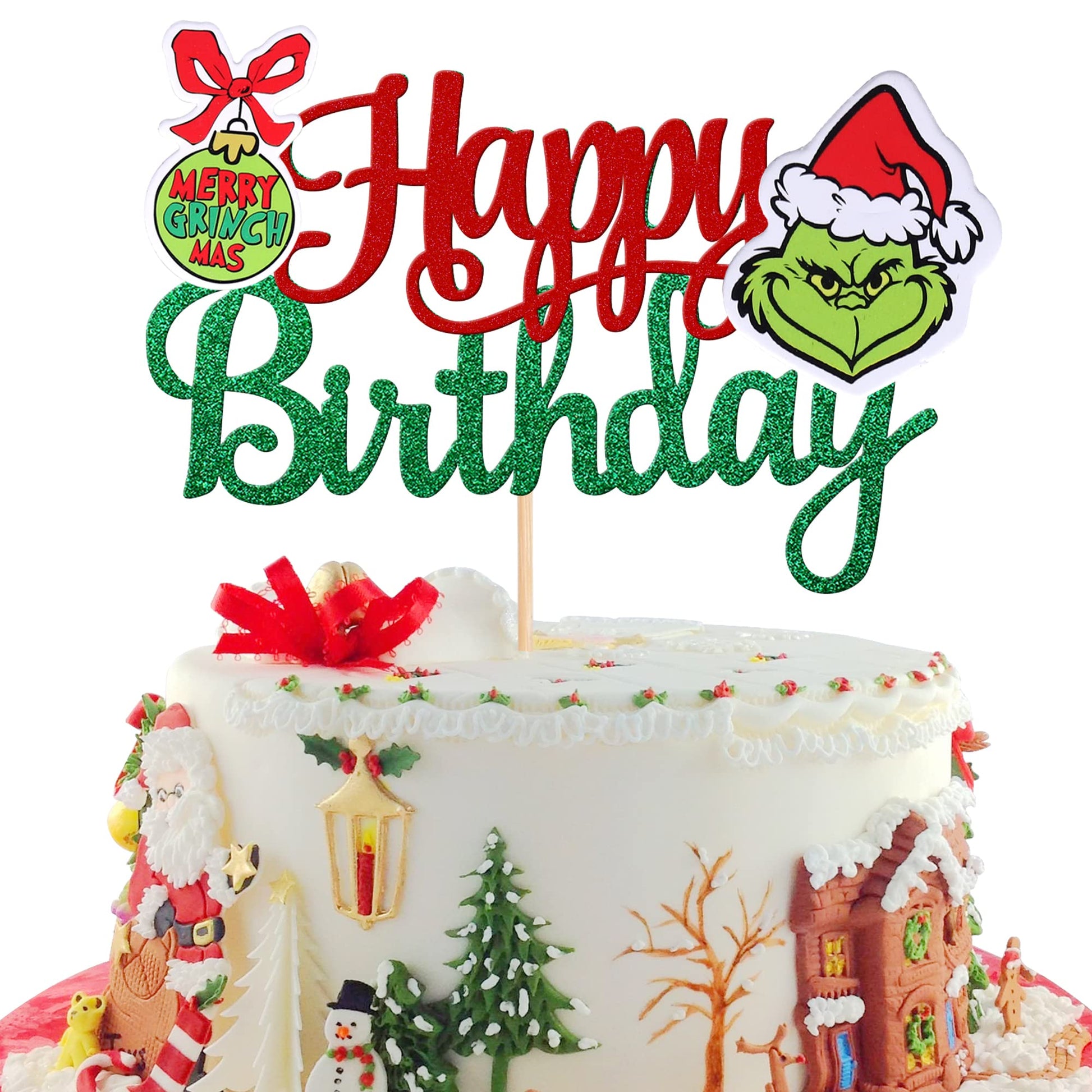 1 Pcs Glitter Grinch Happy Birthday Cake Topper Assembled Merry Christmas Grinch Cake Pick For Christmas Theme Baby Shower Kids