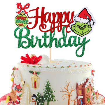 1 Pcs Glitter Grinch Happy Birthday Cake Topper Assembled Merry Christmas Grinch Cake Pick For Christmas Theme Baby Shower Kids