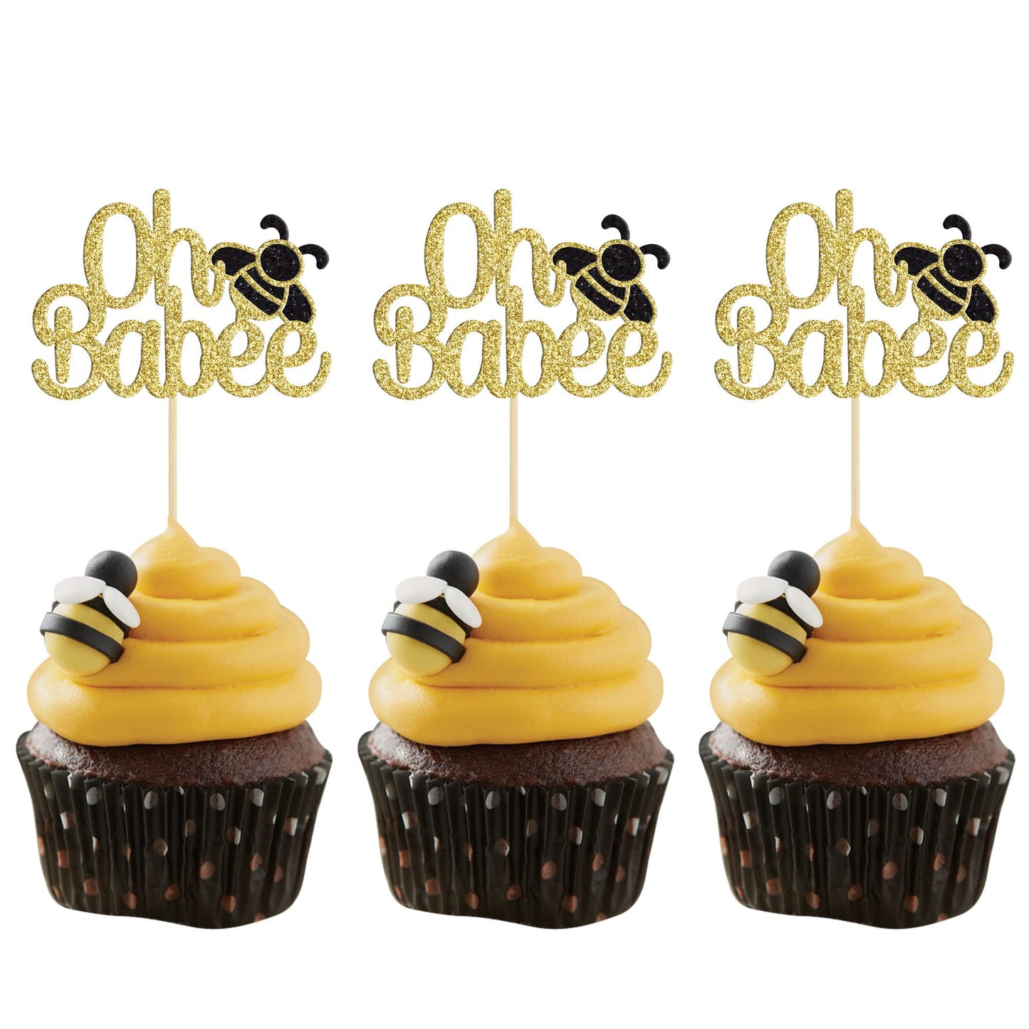 Gyufise 24Pcs Bumble Bee Cupcake Toppers Oh Babee Cupcake Picks Gold Glitter Oh Baby Cupcake Picks For Baby Shower Birthday Part