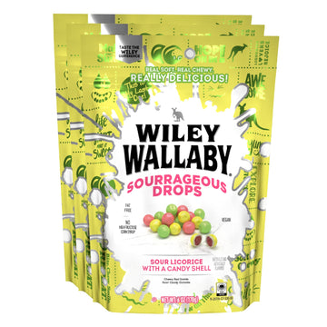 Wiley Wallaby 6 Ounce Sourrageous Drops Mix Of Watermelon, Green Apple And Lemon Soft & Chewy Licorice With A Candy Shell, 3 Pac