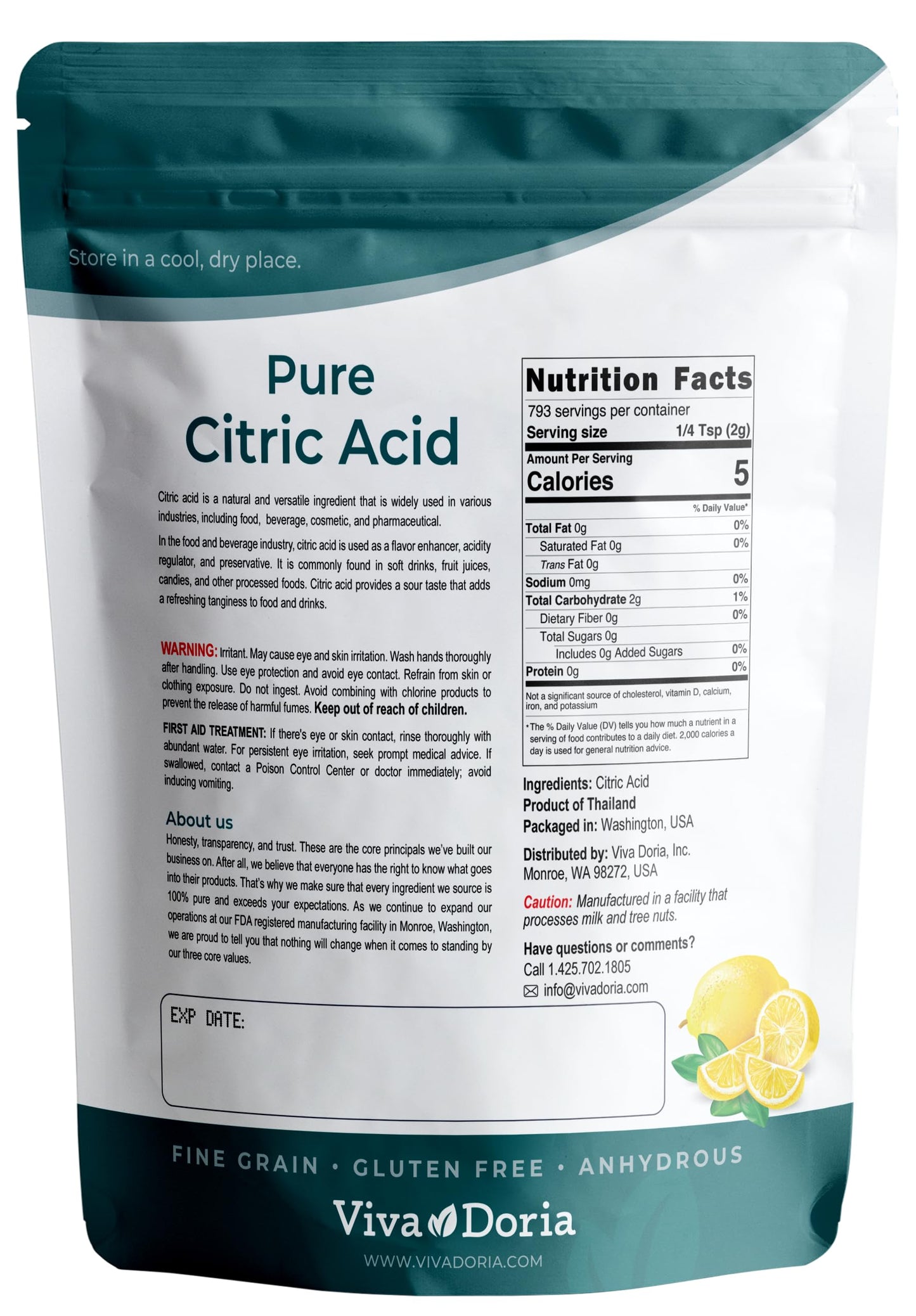 Viva Doria 100% Pure Citric Acid, Food Grade, Fine Grain, 3.5 Lb (1.59 Kg)