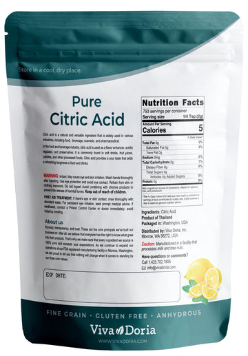 Viva Doria 100% Pure Citric Acid, Food Grade, Fine Grain, 3.5 Lb (1.59 Kg)