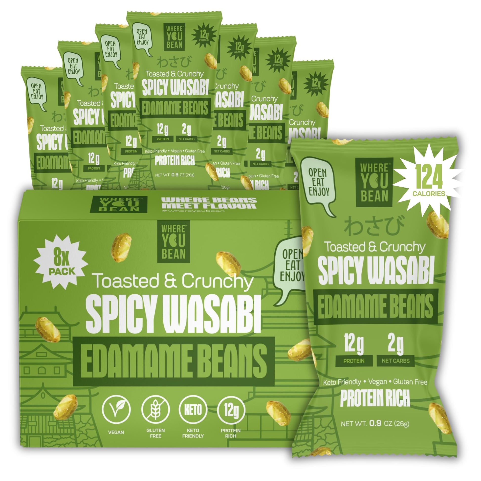Where You Bean Edamame Beans Snack (Spicy Wasabi) - Crunchy and Dry Roasted Edamame Beans - High Protein Snacks, Keto and Vegan 