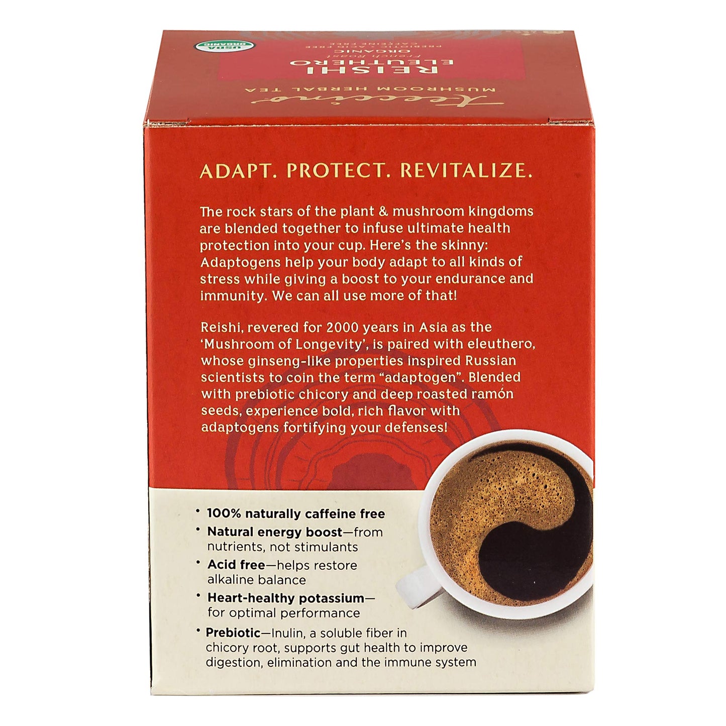 Teeccino Reishi Eleuthero Herbal Tea - Organic, Caffeine Free, 10 Tea Bags, French Roast
