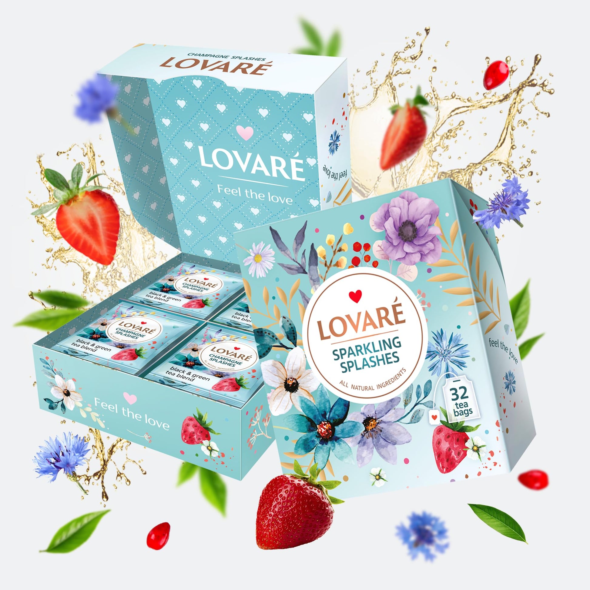 LOVARE Sparkling Splashes Tea Bags, Classic Black & Sencha Green Blend, 32 Individually Wrapped Bags, 64g Gift Box Set