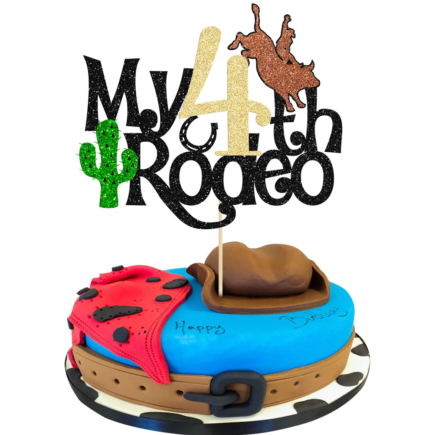 Ephlyn Cowboy 4Th Birthday Cake Topper, 1Pc Glitter Hat Topper For Western Theme Party, 6.5X9.1In Paper Decorations, Birthday, B