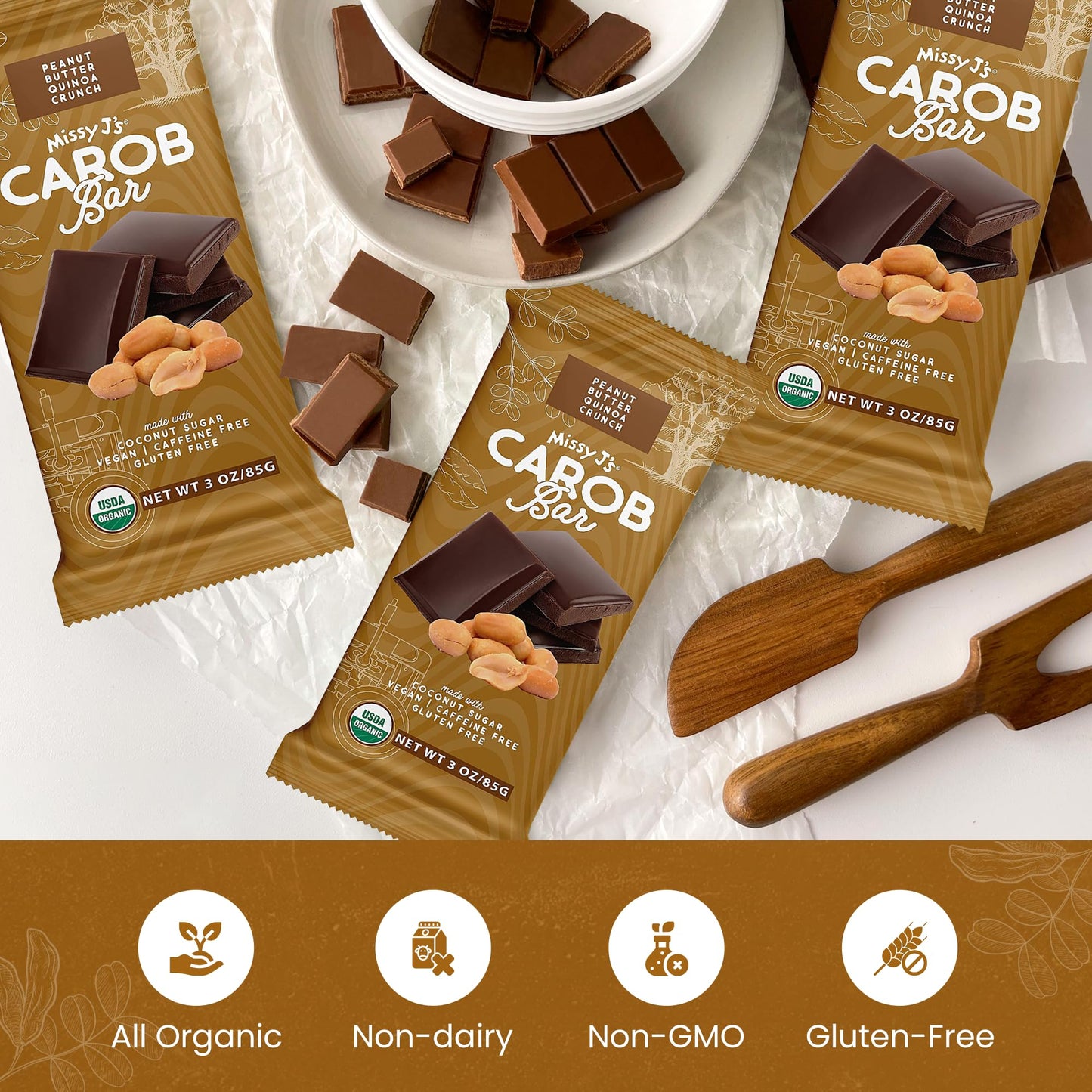 Missy Js Organic Peanut Butter Carob Bar, Vegan, Gluten-Free, 3 Ounce, 6 Pack