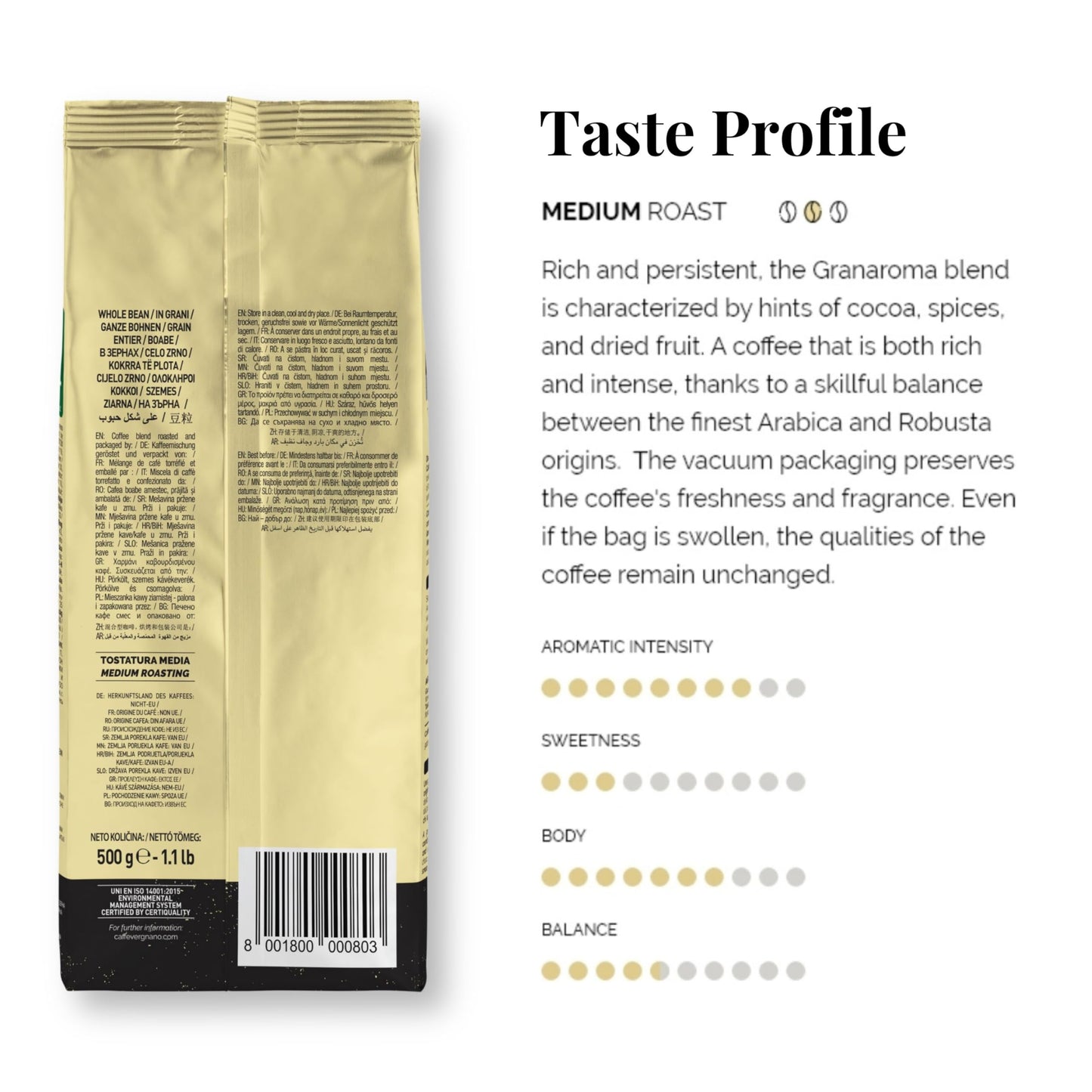 Caffe Vergnano 1882 Gran Aroma Whole Bean Coffee, Medium Roast, 17.63oz (500g) Bag, Intensity 8/10