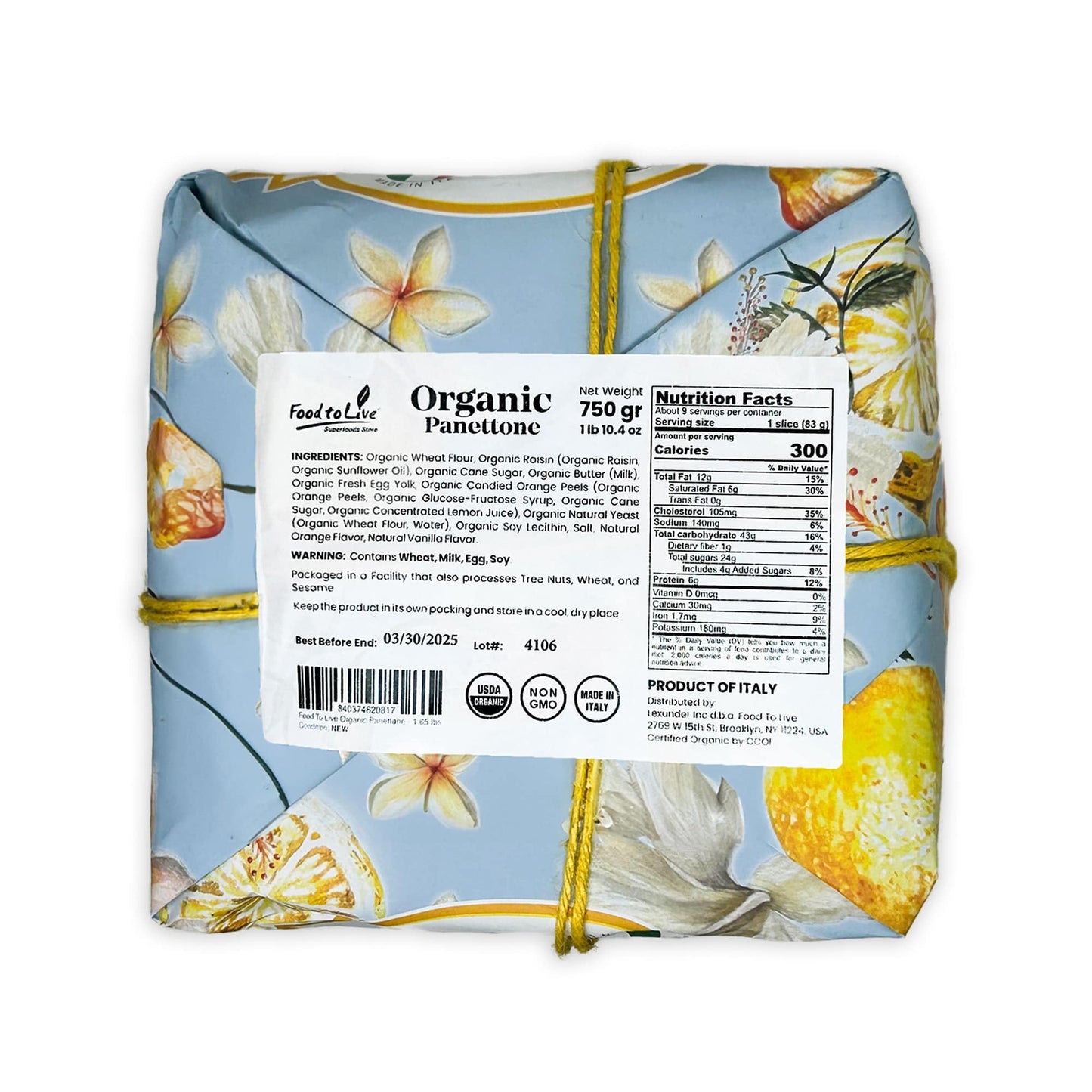 Food to Live Organic Italian Panettone - Traditional Holiday Cake with Raisins & Candied Orange Peel, Pack of 3, 750g (1.65 lb)