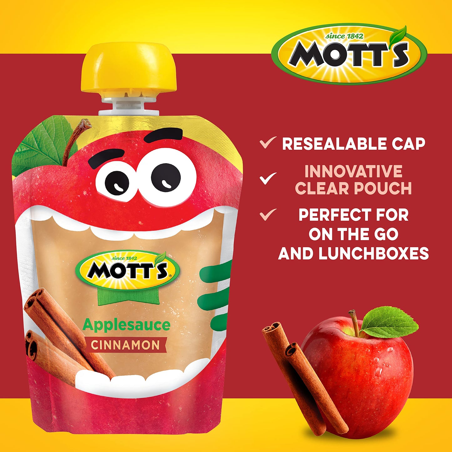 Mott'S Cinnamon Applesauce, 3.2 Oz Clear Pouches, 48 Count (4 Packs Of 12), No Artificial Flavors, Good Source Of Vitamin C, Nut