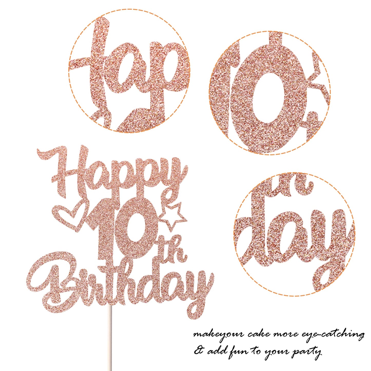 YCTHUNFISH 10th Birthday Cake Topper Glitter Heart Star, Rose Gold, 5.4 x 9.2 inches, Ideal for Childrens Birthday Theme Party Decorations