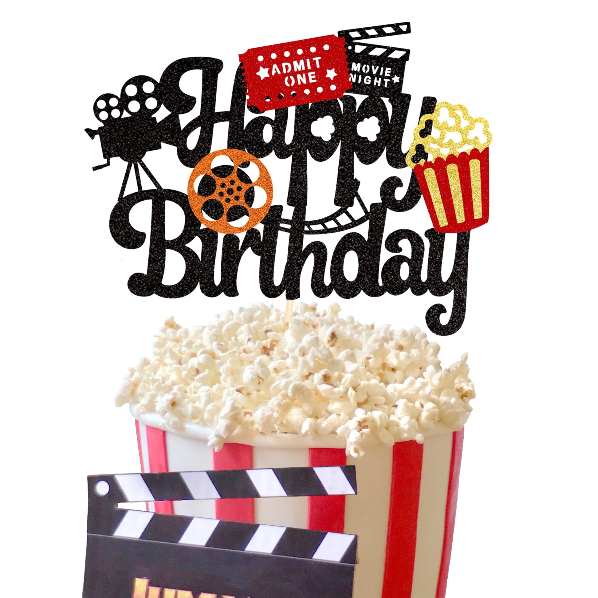 1 Pcs Movie Night Cake Topper Happy Birthday Sign Cake Pick Decorations For Theater Video Recorder Roll Camera Popcorn Hollywood