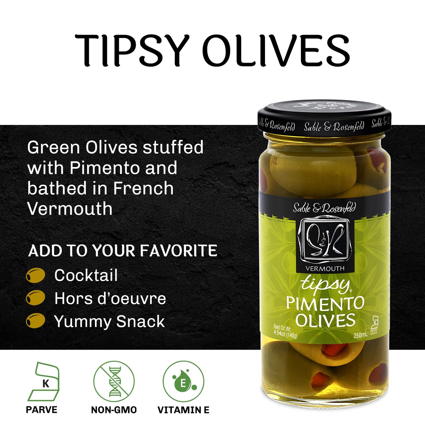 Sable & Rosenfeld Tipsy Vermouth Olives, 250 ML, Green, Model B85712