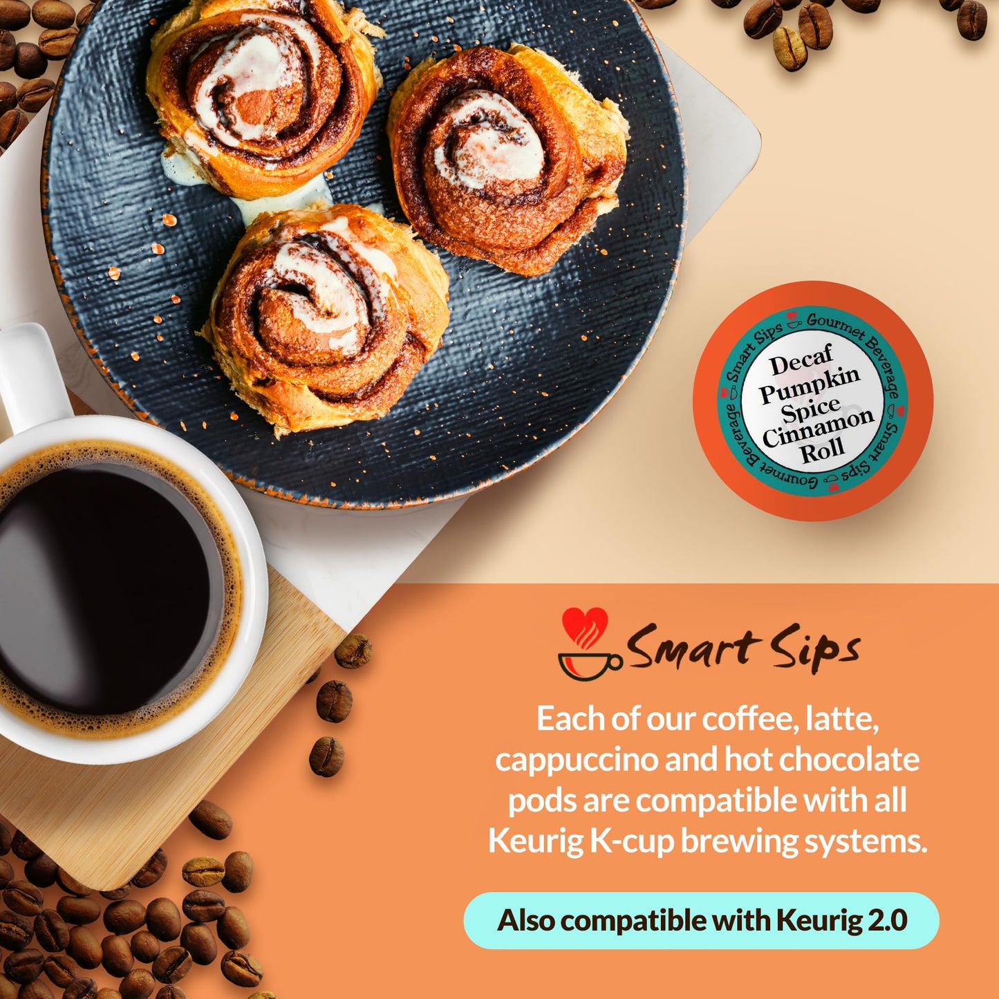Smart Sips Coffee Decaf Pumpkin Spice Cinnamon Roll Medium Roast Single Serve Pods, 24 Count