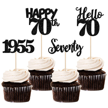 24 Pcs Black Happy 70Th Birthday Cupcake Toppers Glitter Hello 70 Cupcake Picks Seventy Since 1953 Cake Decorations For Happy 70