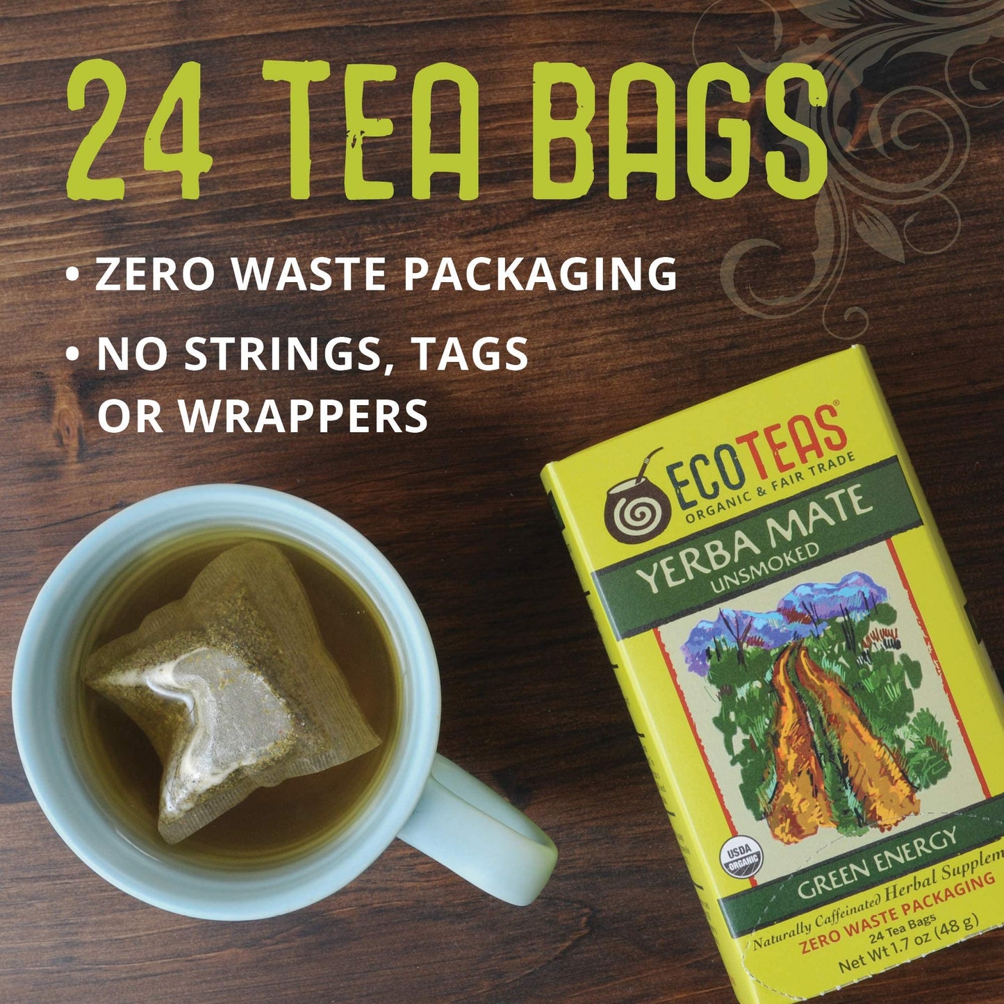 Ecoteas Organic Unsmoked Yerba Mate Tea Bags - 24 Count, 1.7 Oz - Organic Detox Tea - Hi Caf Tea - Clean Yerba Mate Energy Burst