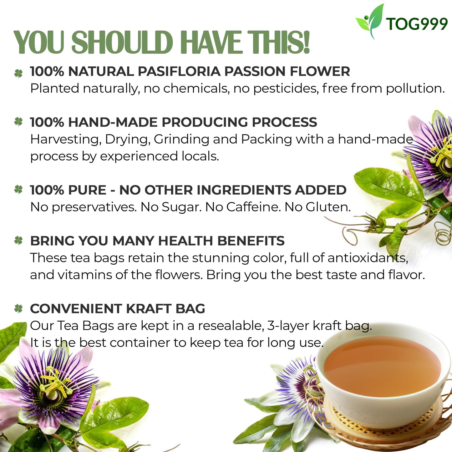 TOG999 Premium Passion Flower Herbal Tea Bags, 100% Natural, Caffeine-Free, Vegan, 120 Bags