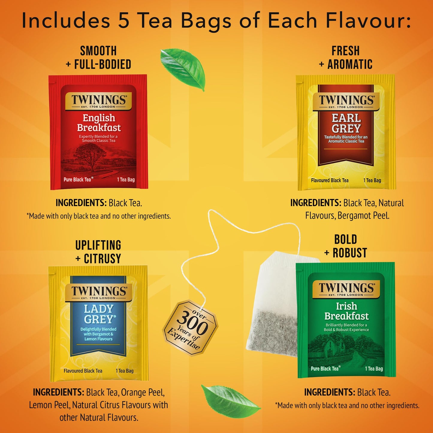 Twinings Variety Pack Black Tea Bags, 20 Count (Pack of 6), Includes English Breakfast, Early Grey, Irish Breakfast, and Lady Gr