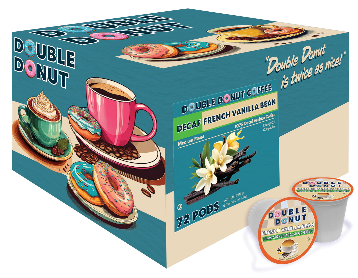 Double Donut Coffee Decaf French Vanilla Coffee Pods, Medium Roast, 72 Count, For Keurig K Cup malt-inspired