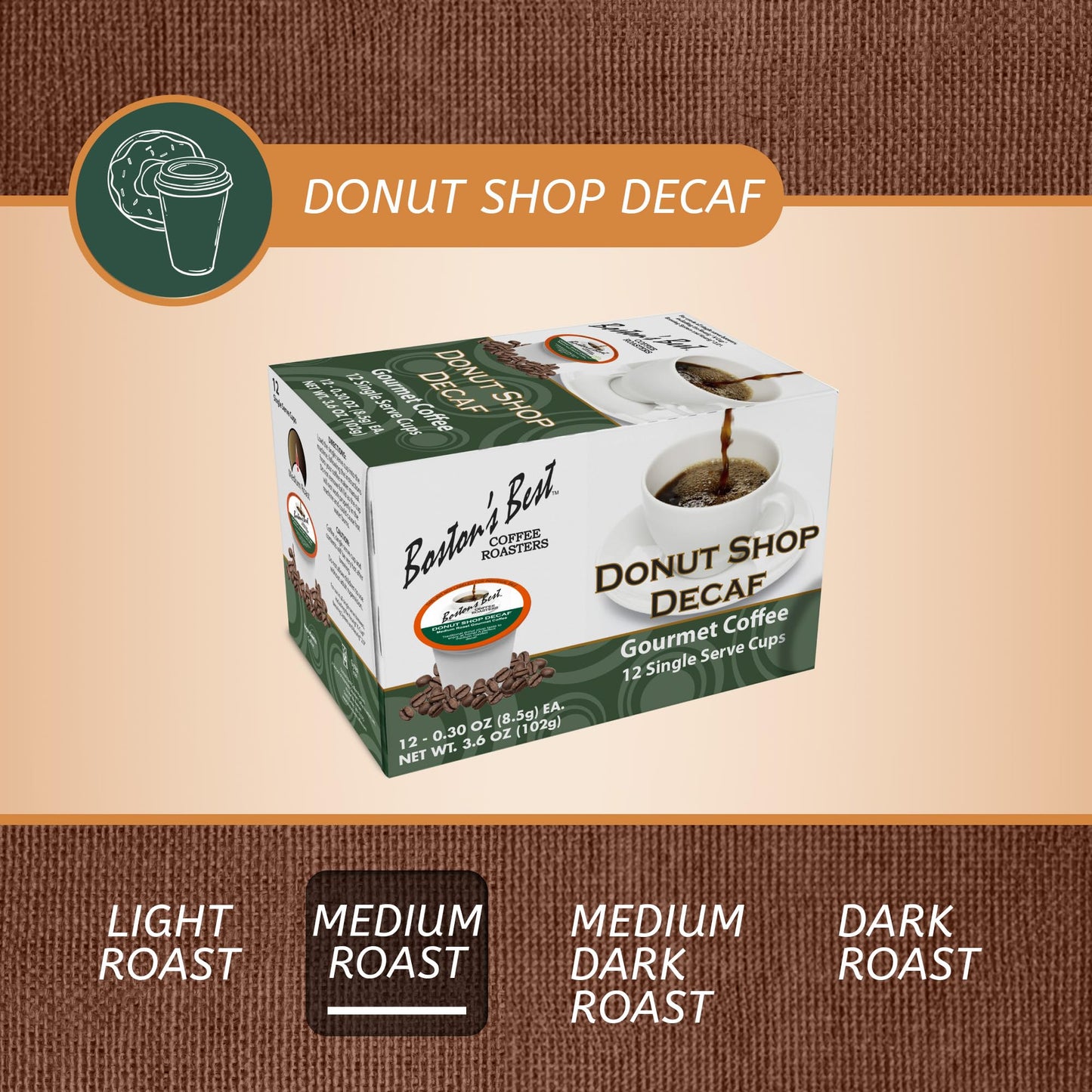 Bostons Best Hearty Donut Shop Decaf Medium Roast Coffee, 12 Single Serve Cups, Compatible with Keurig Coffee Maker