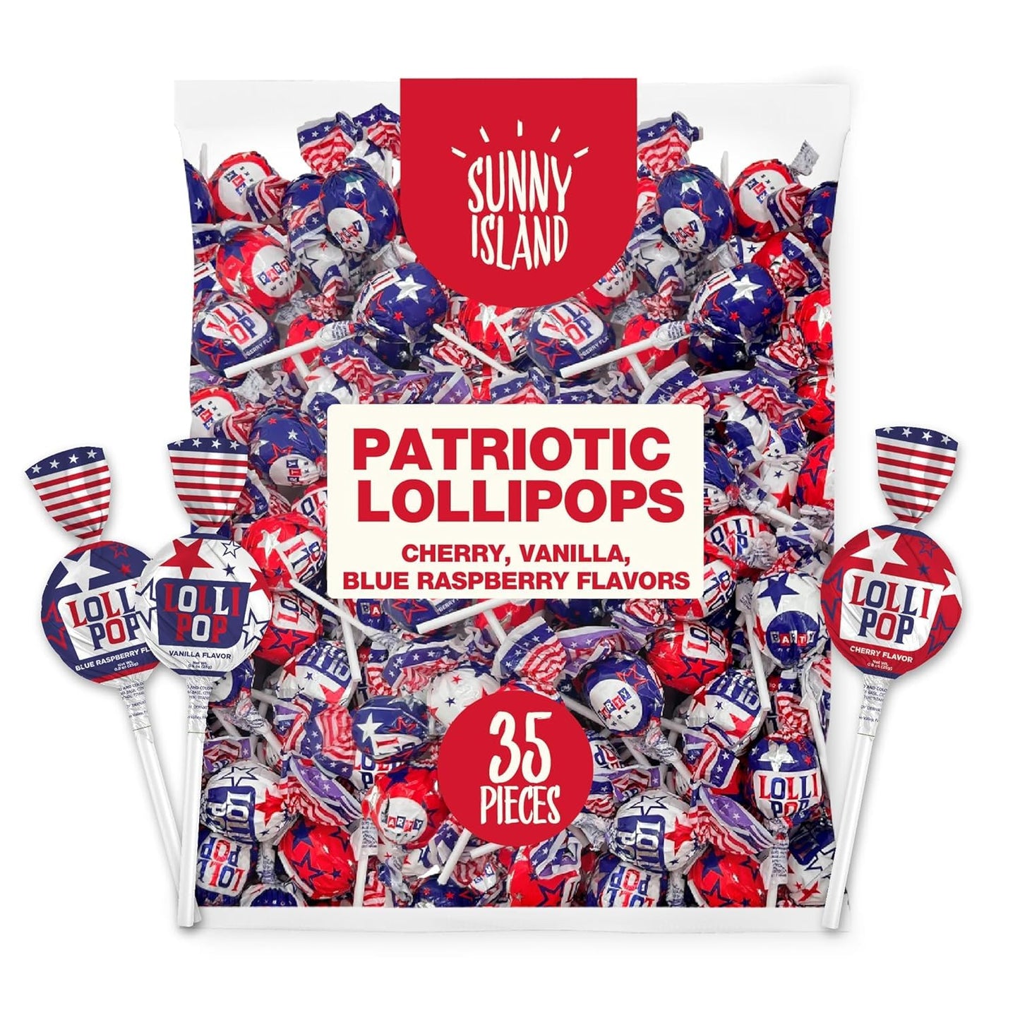 SUNNY ISLAND Patriotic Lollipops | 2 Pound Bag, 35 Pieces | Cherry, Blue Raspberry, Vanilla Flavors | Individually Wrapped