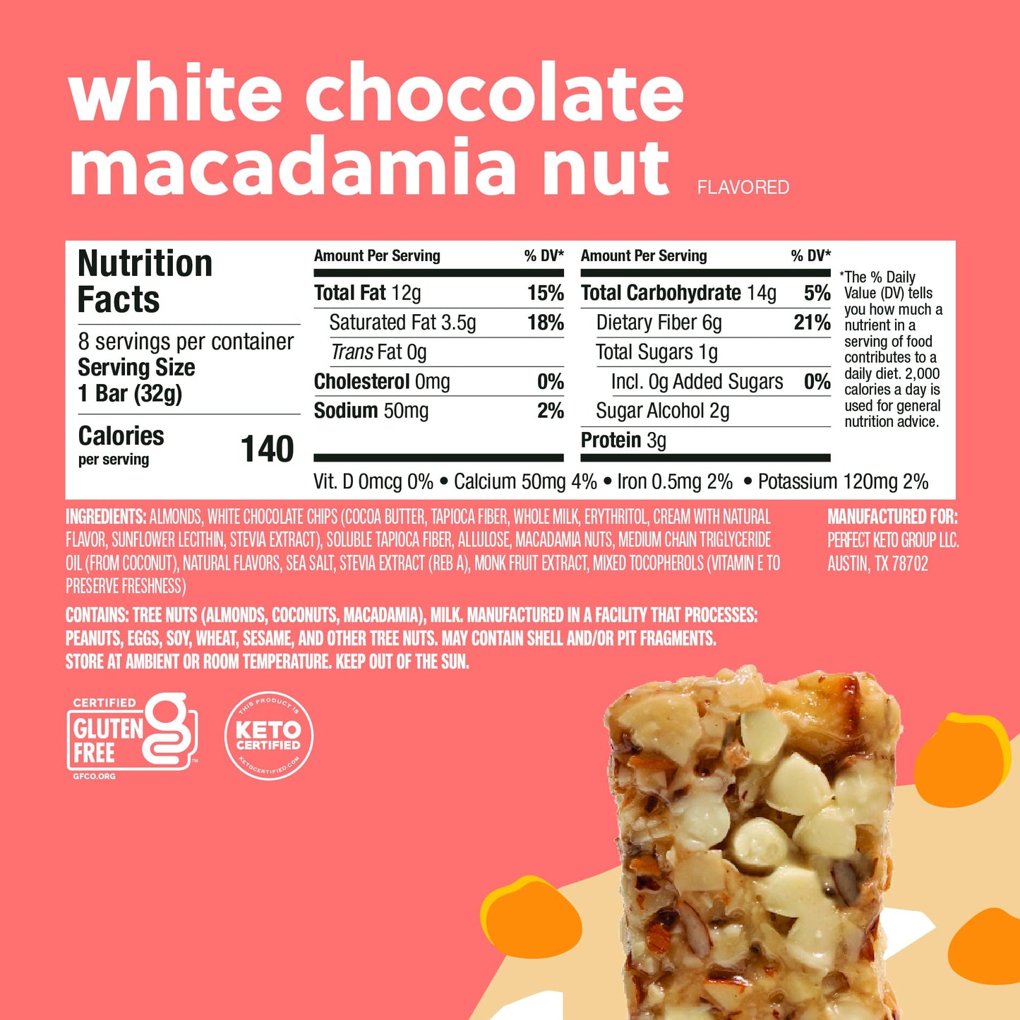 Perfect Keto Nola Bars, Gluten Free, Keto Granola Bars, Low Carb Snack Or Breakfast Bar With No Sugar Added, Keto Diet Food, Healthy Snacks For Adults, 2G Net Carb, White Chocolate Macadamia, 8 Pack