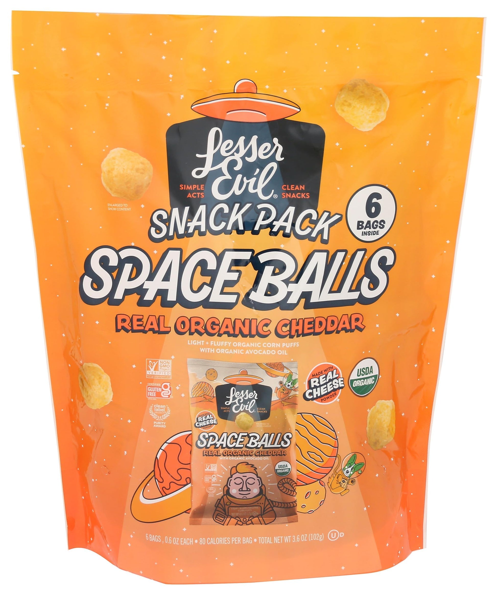 Lesserevil Organic Real Cheddar Space Ball Puffs Multipack  3.6 Oz