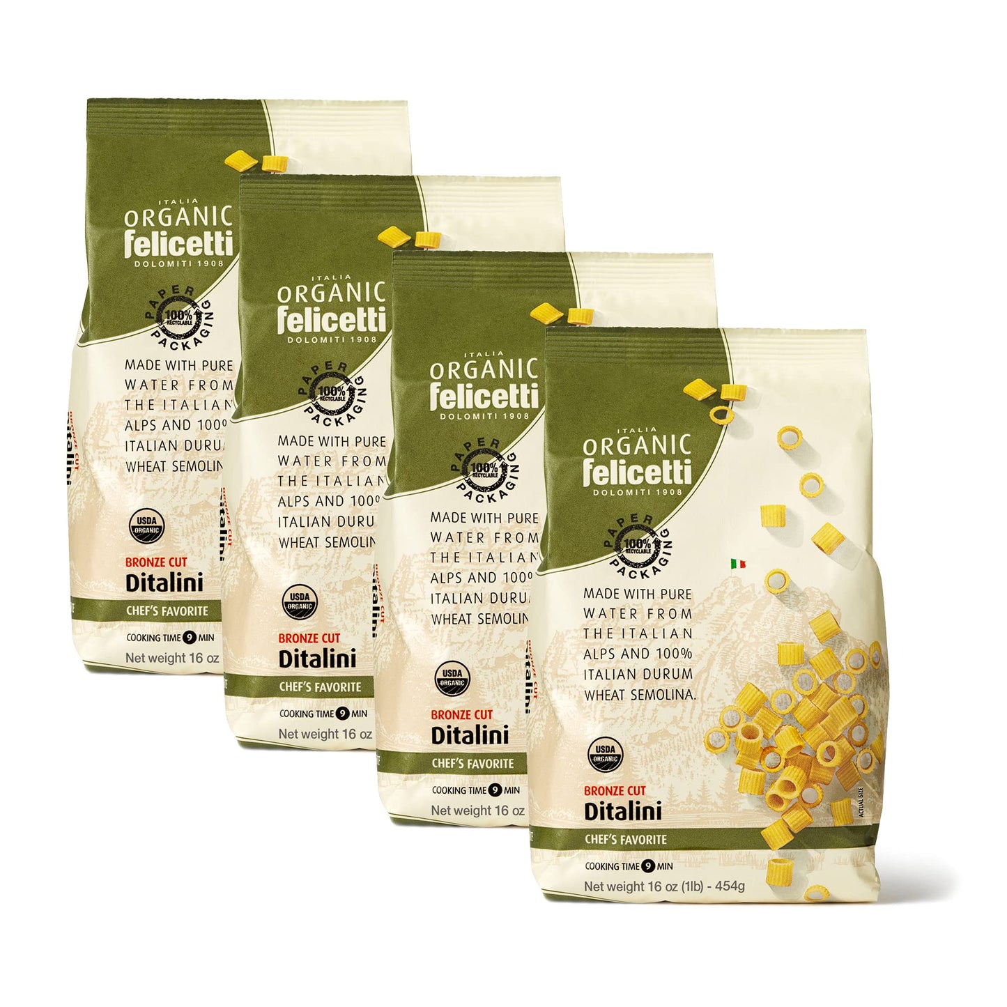 Organic Felicetti Ditalini Pasta Italian Non-Gmo 16Oz (454G) 4 Pack