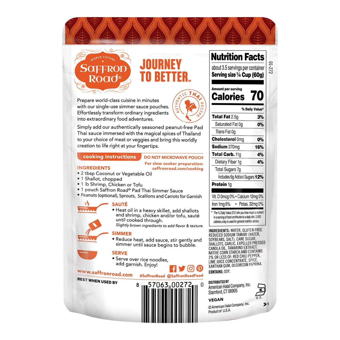 Saffron Road Pad Thai Simmer Sauce | Globally Inspired Simmer Sauce | Gluten-Free, Vegan, Non-Gmo, And Certified Halal And Koshe