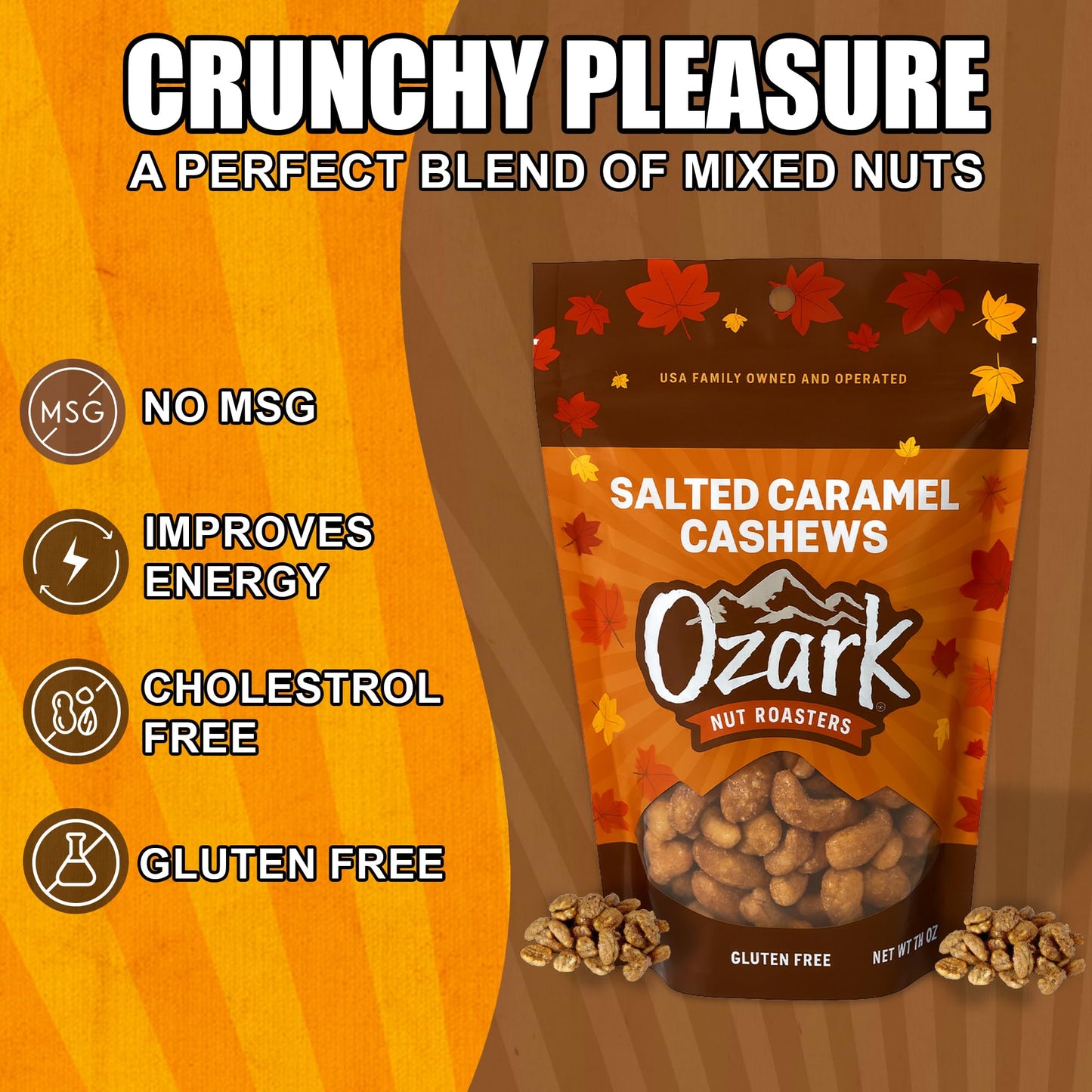 Ozark Nut Roasters Salted Caramel Cashews, Gourmet Candied Nuts Snack, Gluten-Free, Sea Salt & Caramel Glazed Cashews, Seasonal Fall Gift Packaging, 7 Oz