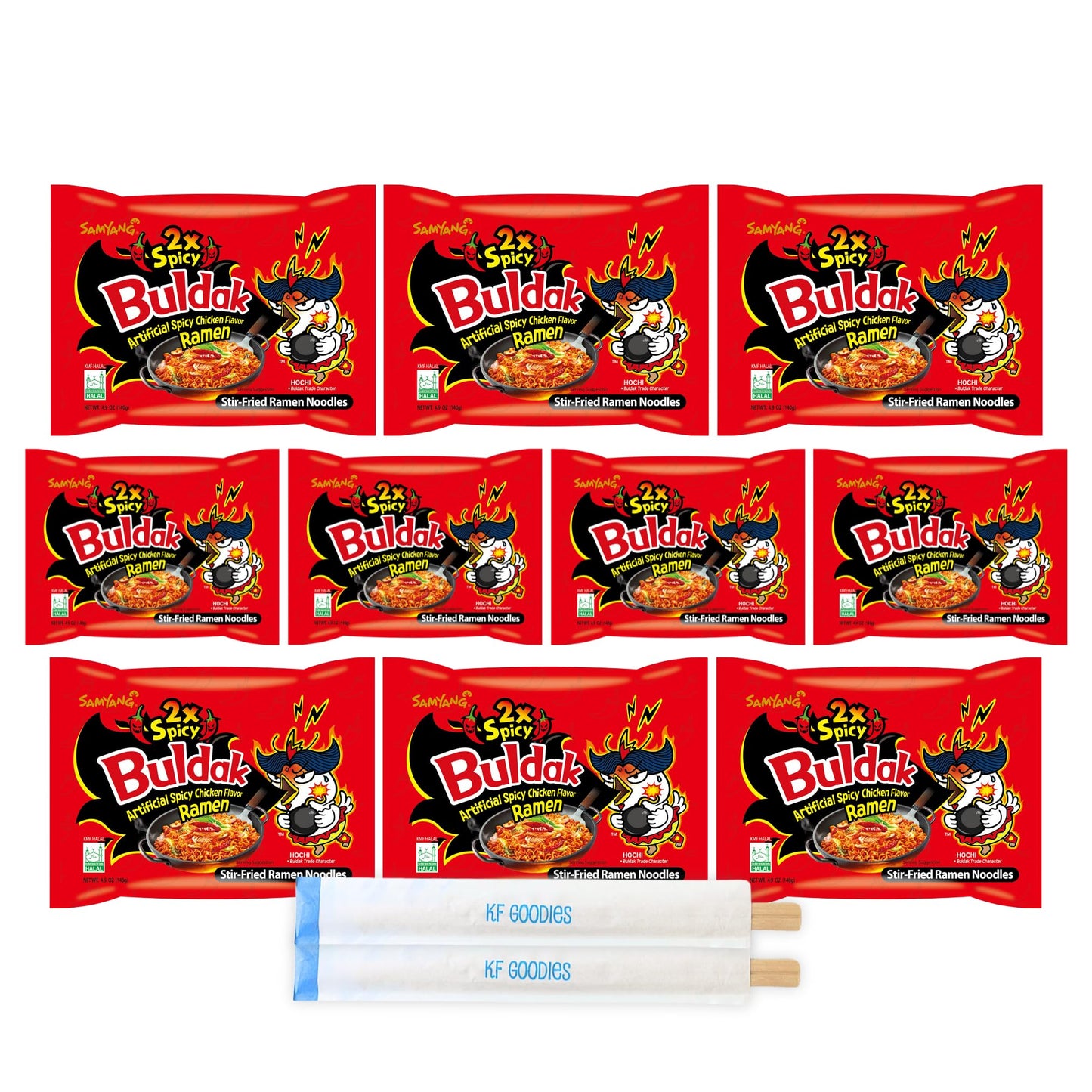 Samyang Buldak Hot Spicy Chicken Ramen Noodle Korean Stir-Fried Ramen, X2 Spicy Flavor, 5 Pack For Each Flavor (10, 2X Spicy)