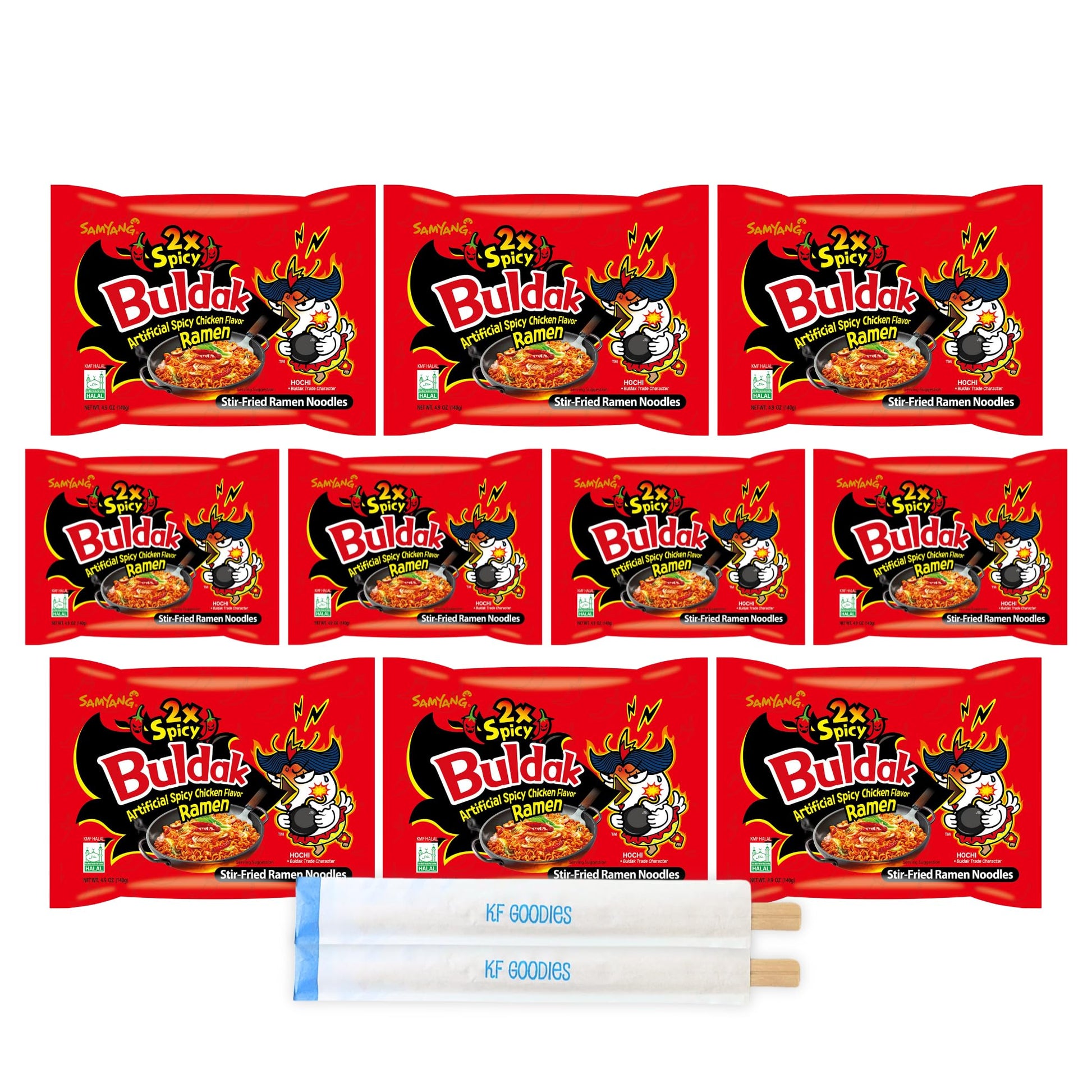 Samyang Buldak Hot Spicy Chicken Ramen Noodle Korean Stir-Fried Ramen, X2 Spicy Flavor, 5 Pack For Each Flavor (10, 2X Spicy)