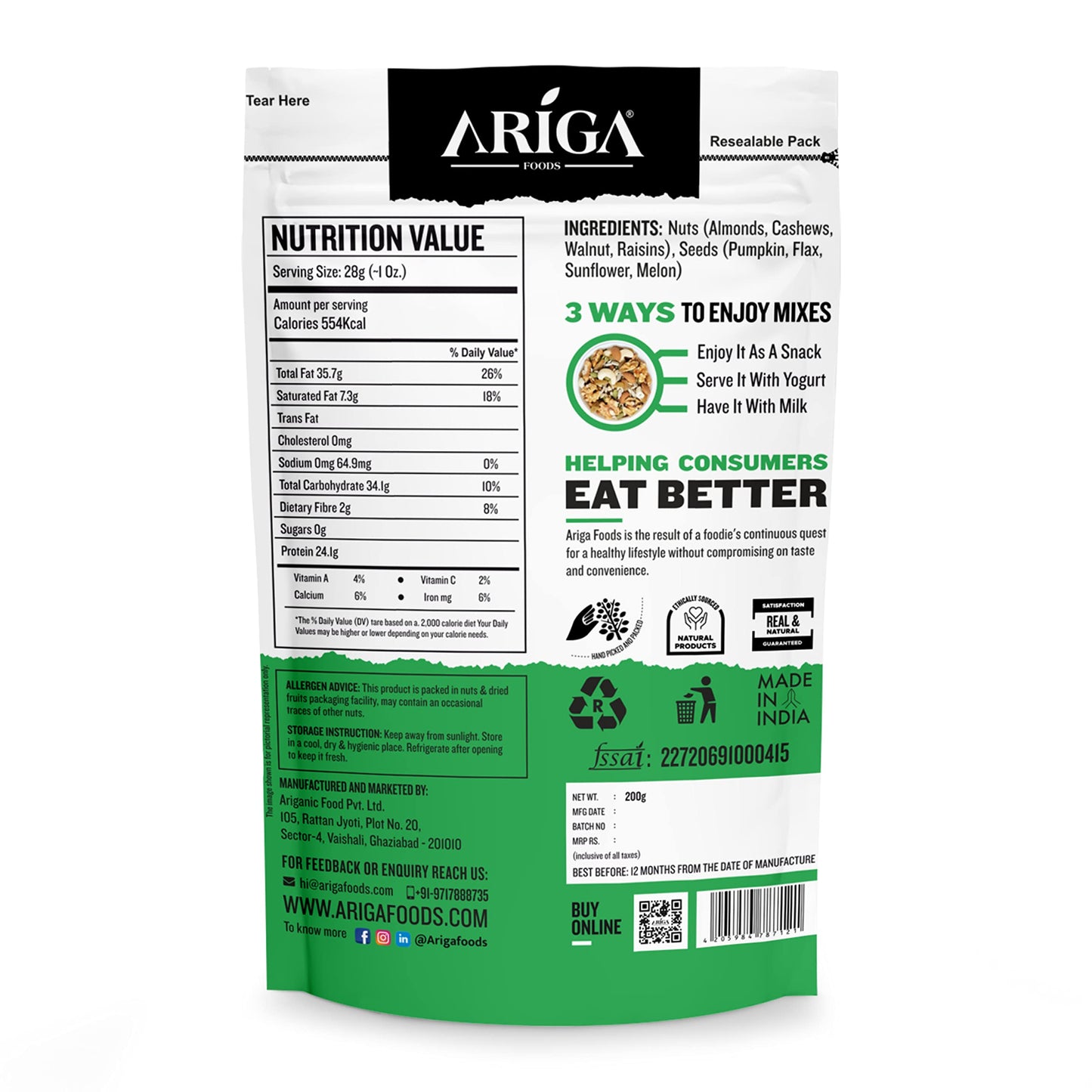Ariga Foods Nuts & Roasted Seeds Mix Value Pack (200G) | Trail Mix Nutritious With Healthy Seeds & Nuts | Low In Calories, High