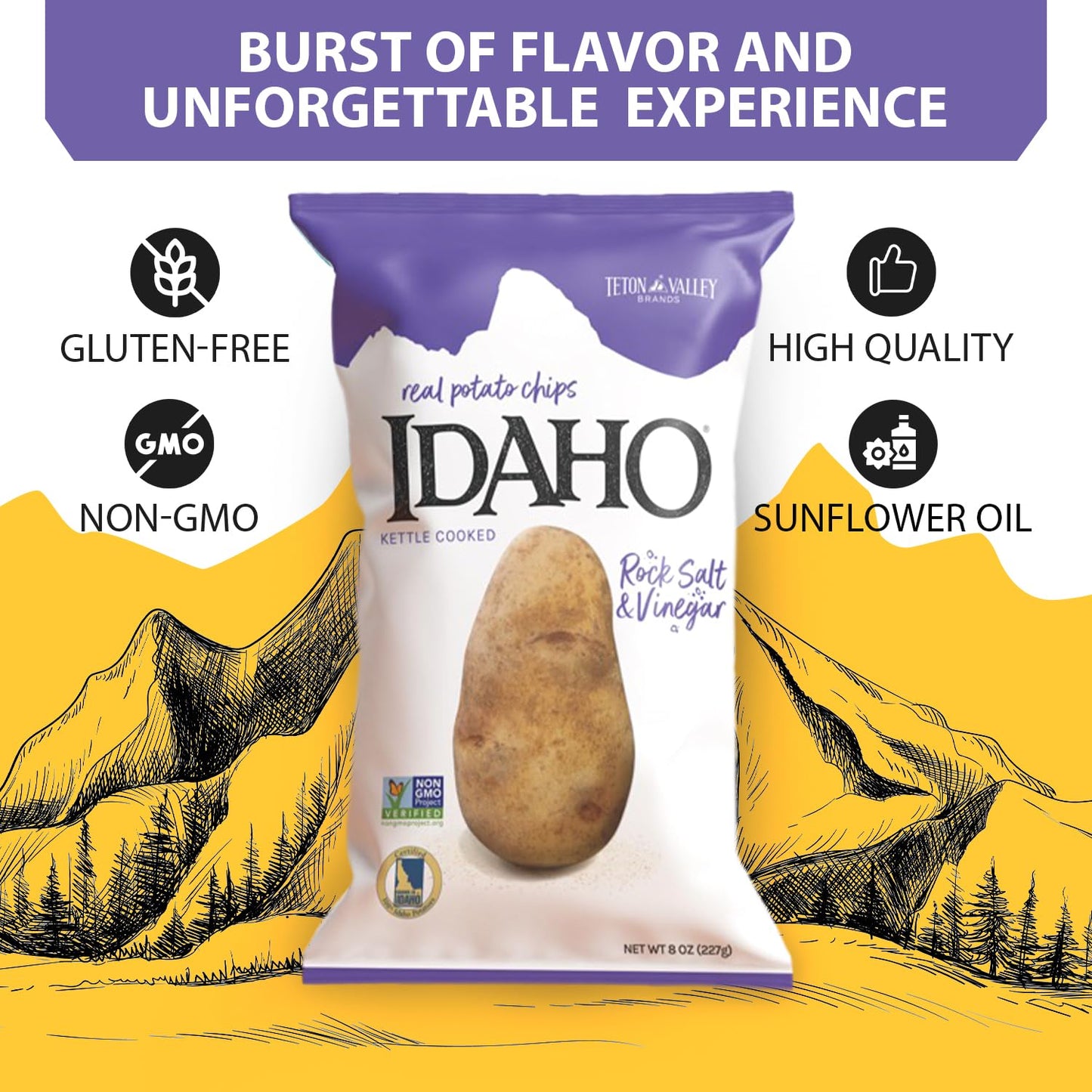 Teton Valley Brands Kettle Cooked Salt and Vinegar Potato Chips - Non-GMO - 7 Oz (12 Pack)