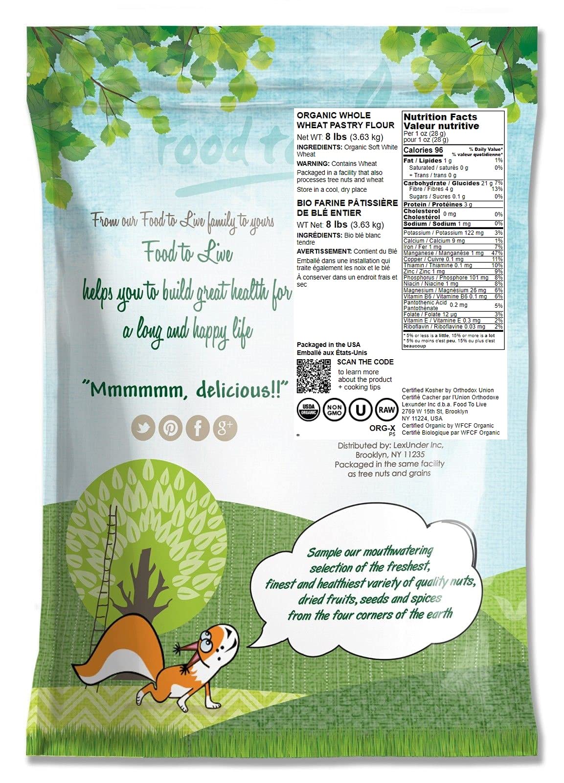 Food To Live Organic Whole Wheat Pastry Flour, 8 Pounds - Non-Gmo, Finely Ground, Unbleached, Unbromated, Vegan, Kosher, All Nat