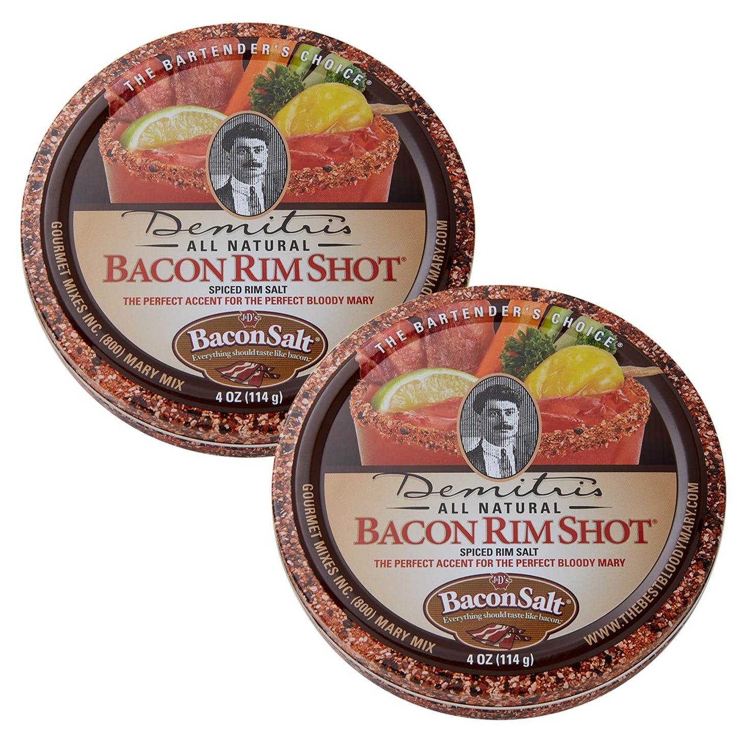 DemitriS Bacon Rimshot Spiced Rim Salt - Bacon Flavored Rimmer For Mixed Flavors - Drink Garnish Bacon Salt- Perfect For Bloody Marys  Margaritas  And More - 4Oz Tin (Pack Of 2)