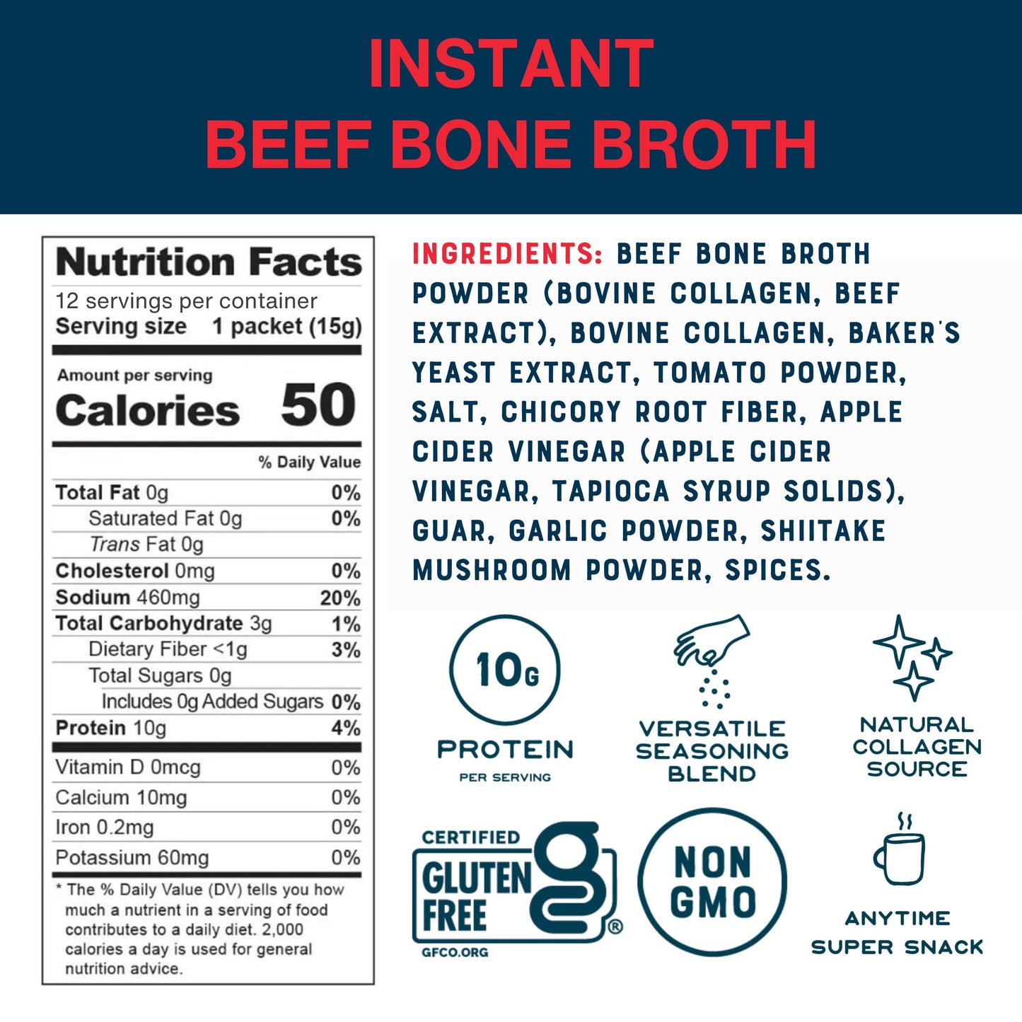Bare Bones Beef Bone Broth Instant Powdered Mix, 10g Protein, Keto & Paleo Friendly, Pack of 12