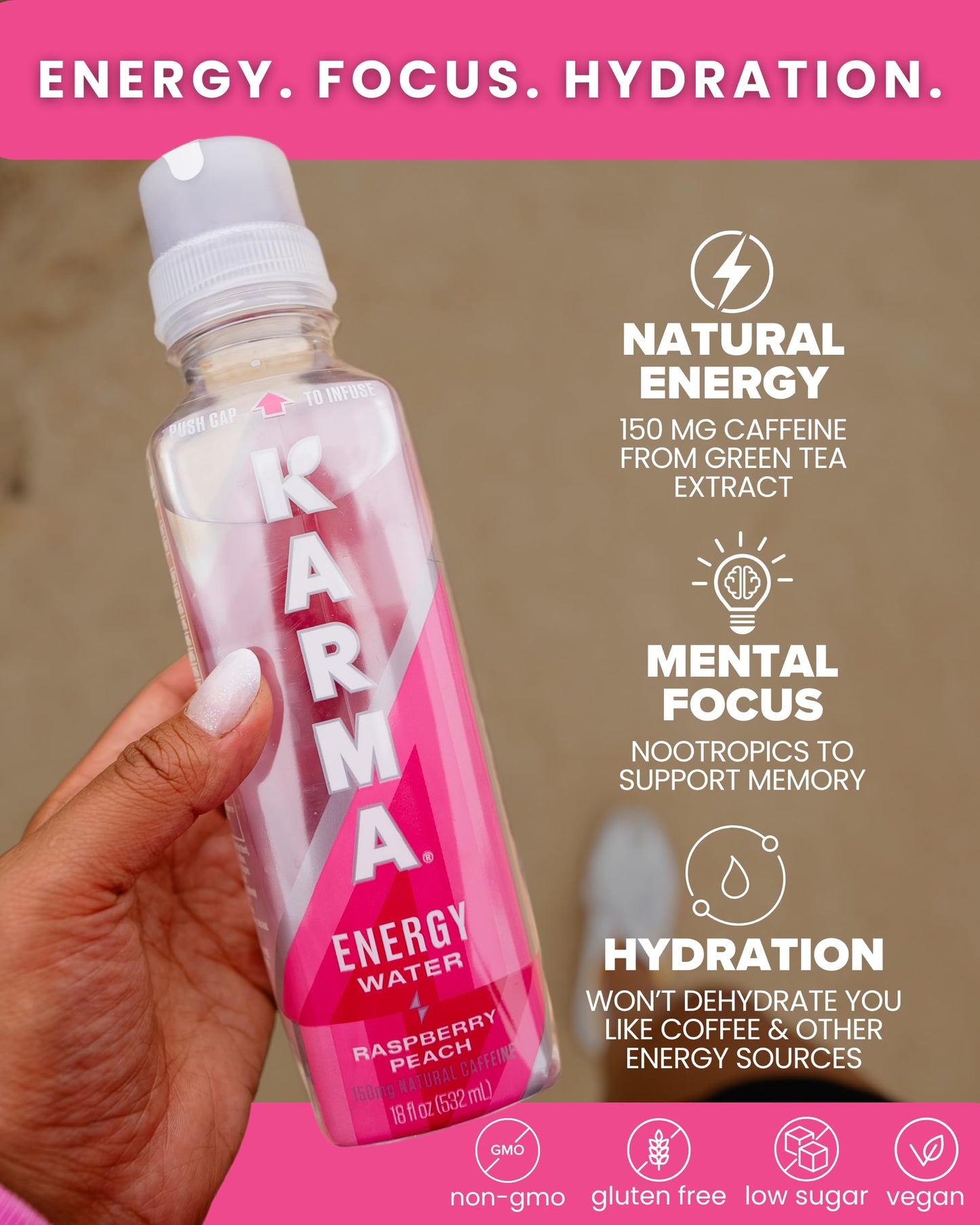 Karma Melon Dragonfruit Energy Water l Caffeinated Natural Energy Drink l Low Calorie Focus and Energy Boost, 18 Fl Oz (Pack of