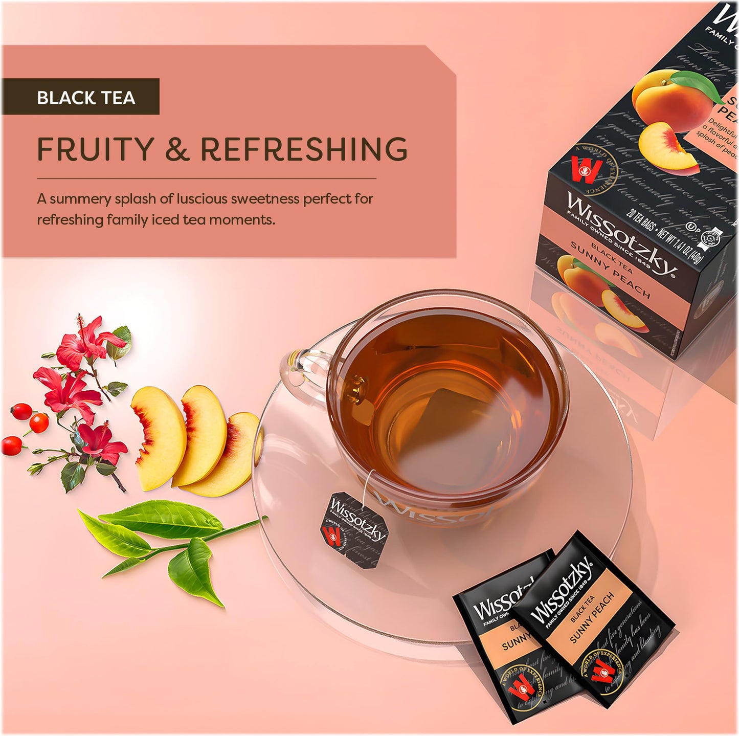 Wissotzky Sunny Peach Black Tea, 20 Tea Bags  Antioxidant Rich  Fruity Delight  Black Tea Bags