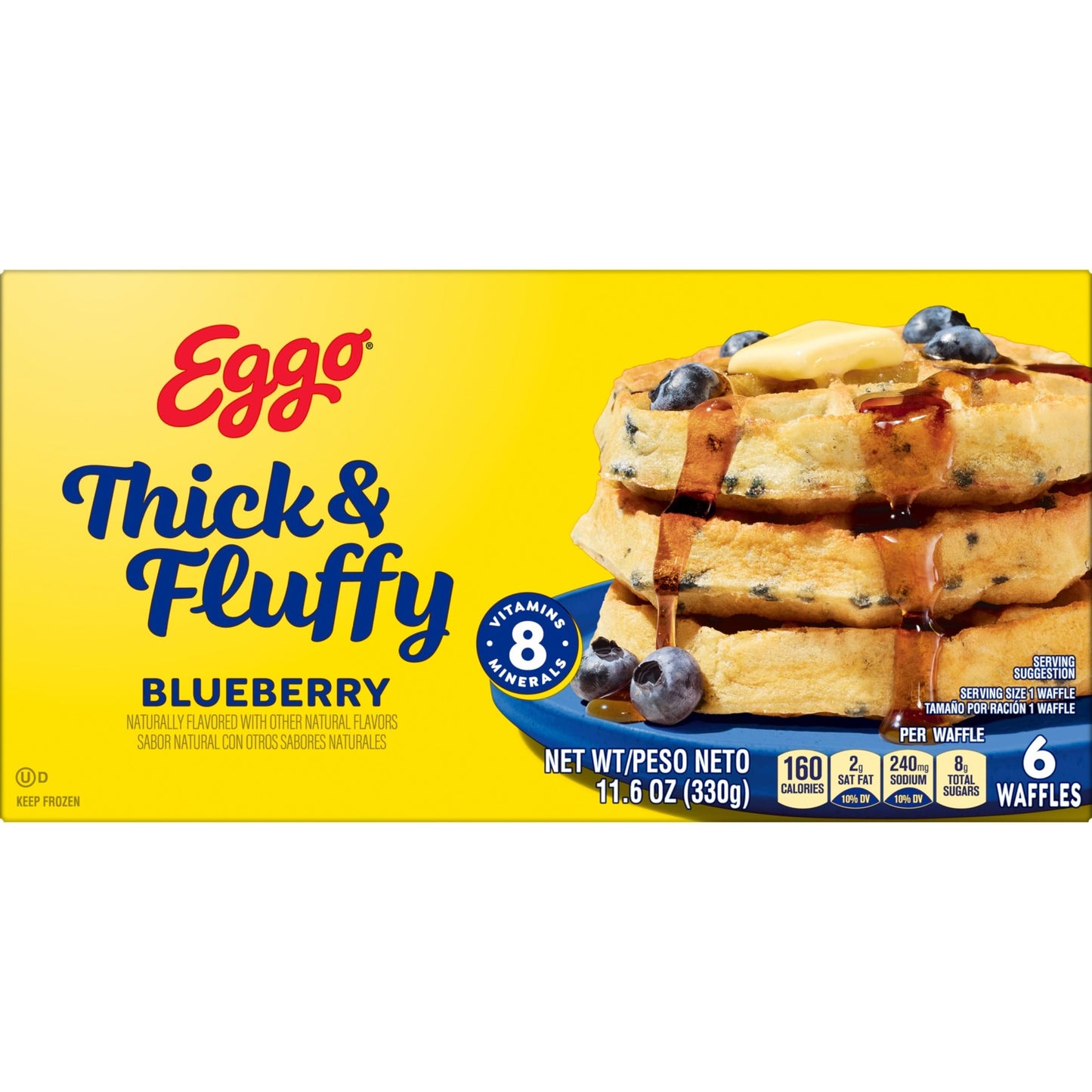 Eggo Thick and Fluffy Frozen Waffles, Frozen Breakfast, Breakfast Food, Blueberry, 11.6oz Box (6 Waffles)
