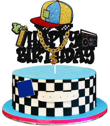Hip Hop Graffiti Happy Birthday Cake Topper - 80'S 90'S Decade Throwback Birthday Glitter Gold Chain Cake Topper - Retro 1980S 1