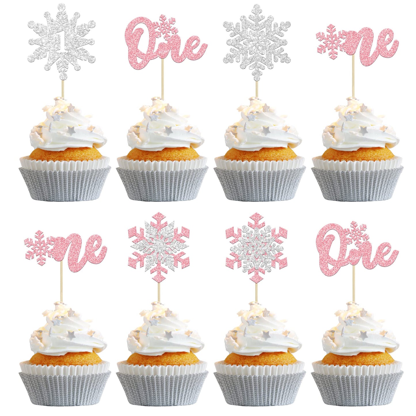 Gyufise 24Pcs Double Layer Snowflake One Cupcake Toppers Pink Glitter Winter First Birthday Decorations For Winter Onederland 1S