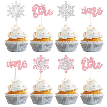 Gyufise 24Pcs Double Layer Snowflake One Cupcake Toppers Pink Glitter Winter First Birthday Decorations For Winter Onederland 1S