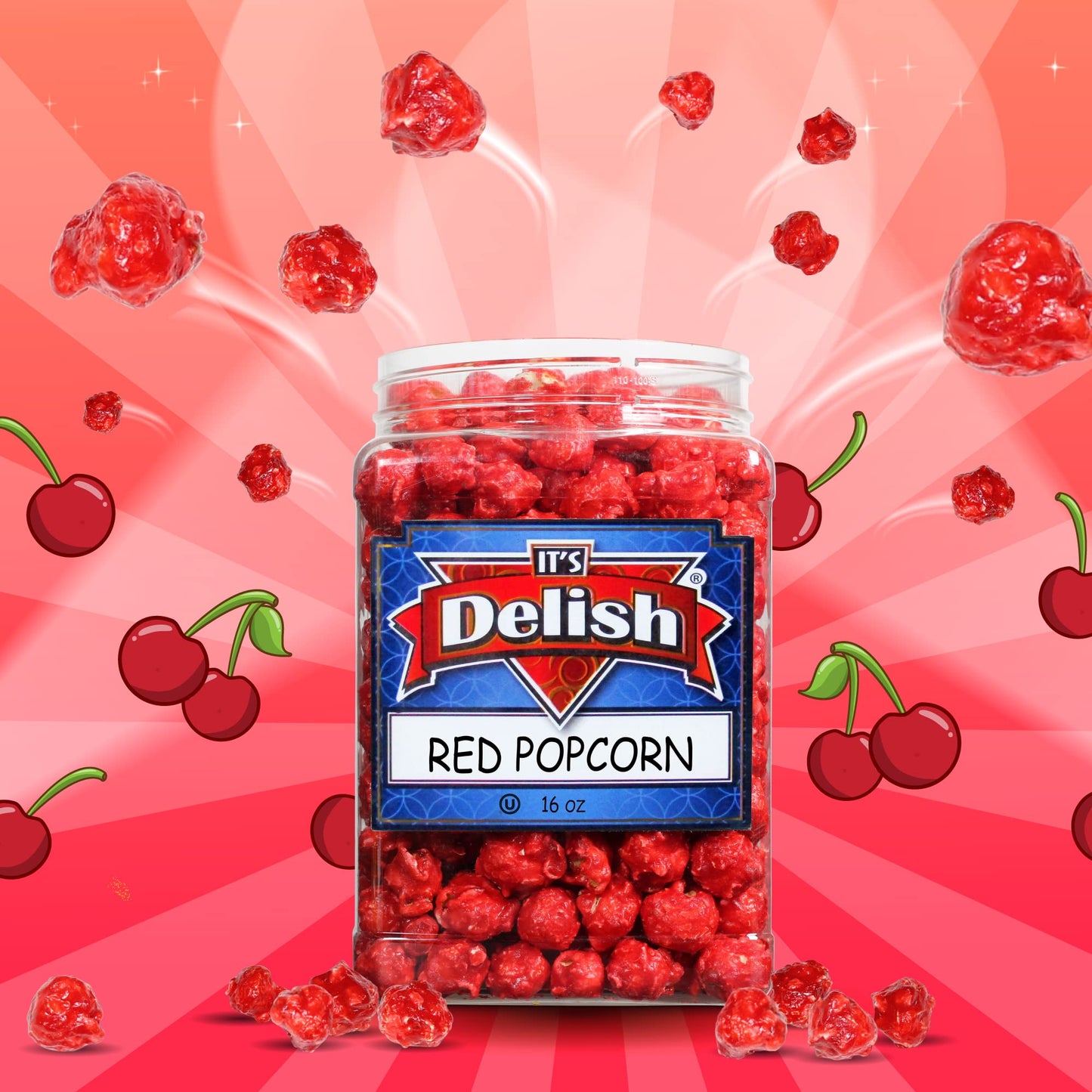 Gourmet Red Cherry Flavored Popcorn by Its Delish, 16 Oz Jumbo Container | Bulk Air Popped Pop Corn Snack - Fruity Red Themed C