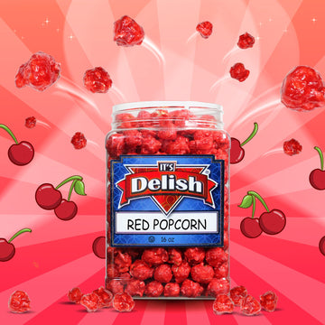 Gourmet Red Cherry Flavored Popcorn by Its Delish, 16 Oz Jumbo Container | Bulk Air Popped Pop Corn Snack - Fruity Red Themed C