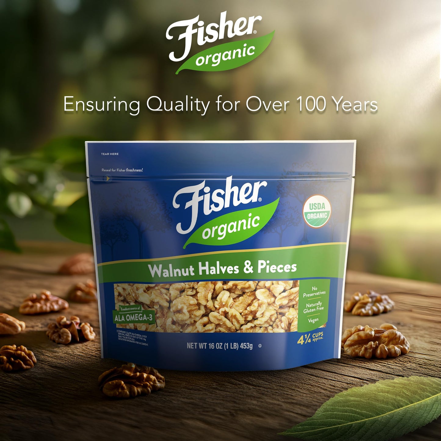 Fisher Organic Walnut Halves & Pieces 16 oz  USDA Certified Organic Nuts  Unsalted California Grown  Non-GMO  No Preservatives  Walnuts for Baking & Cooking  Healthy Snacks for mature-themeds  Resealable Bag