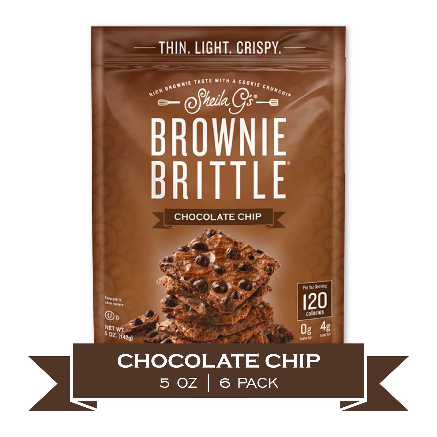 Brownie Brittle - Original Chocolate Chip Thin and Crispy Sweet Snacks, Family Size (Pack of 6, 5 oz), Rich Gourmet Brownie Bite