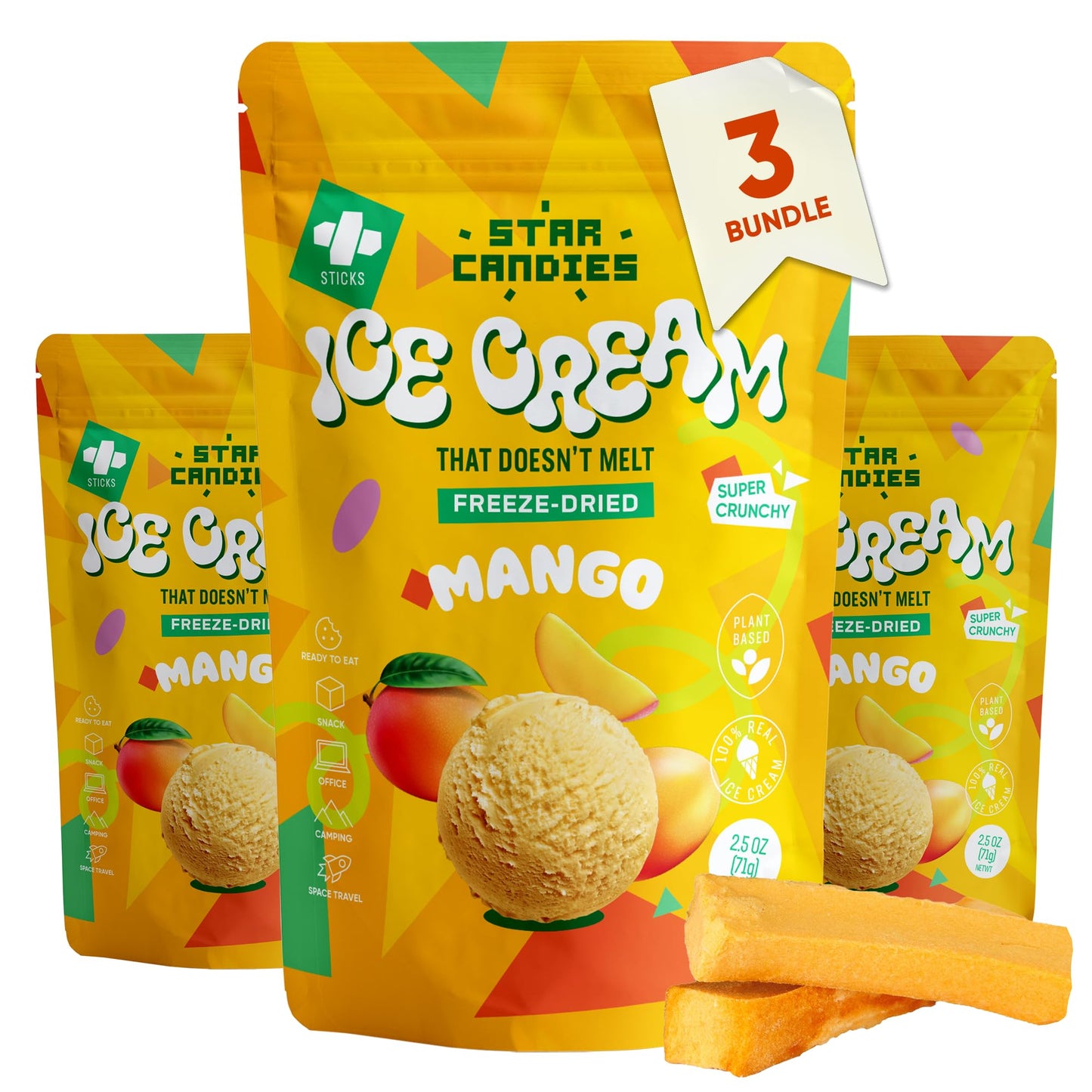 STAR CANDIES Freeze Dried Mango Ice Cream | Crunchy Camping Snack | 3 Pack