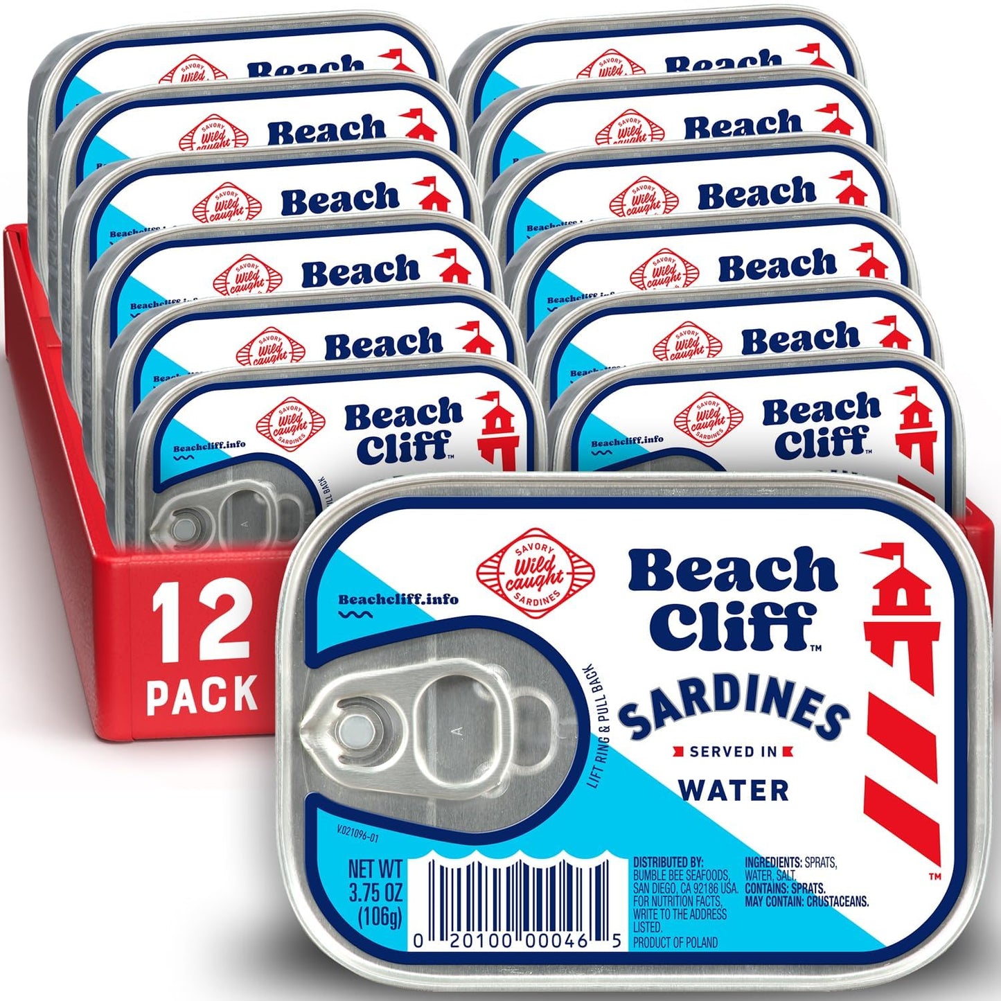 Beach Cliff Sardines in Water, 3.75 oz Can, Pack of 12 - Wild Caught, 12g Protein, Gluten Free, Keto Friendly