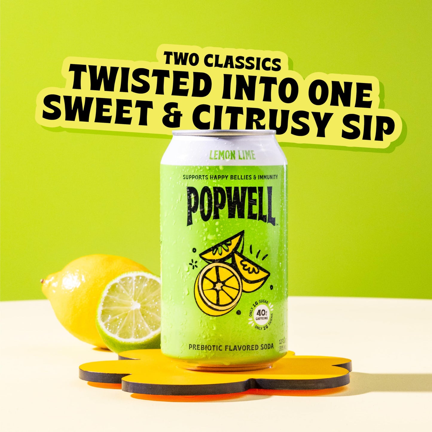 Popwell Prebiotic Soda, Lemon Lime Flavor, 6g Fiber, 1g Sugar, 12 Fl Oz Cans, Pack of 12